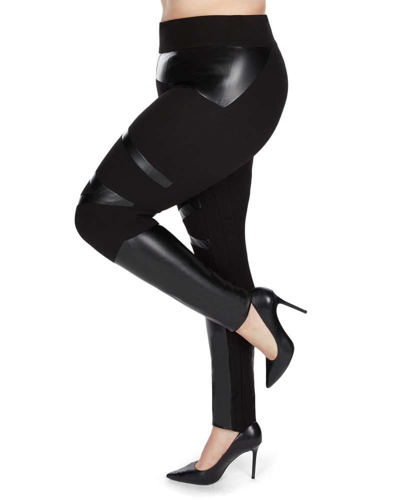 Side of a model wearing a size Q1-2 Sexy Moto Pleather Accent Shaping Leggings in Black by Memoi. | dia_product_style_image_id:299789